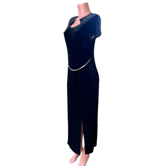 Vtg SCARLETT Stretch Velvet  Midi Pencil Dress Sz 9/10 Black Queen Ann Neckline - Picture 3 of 14